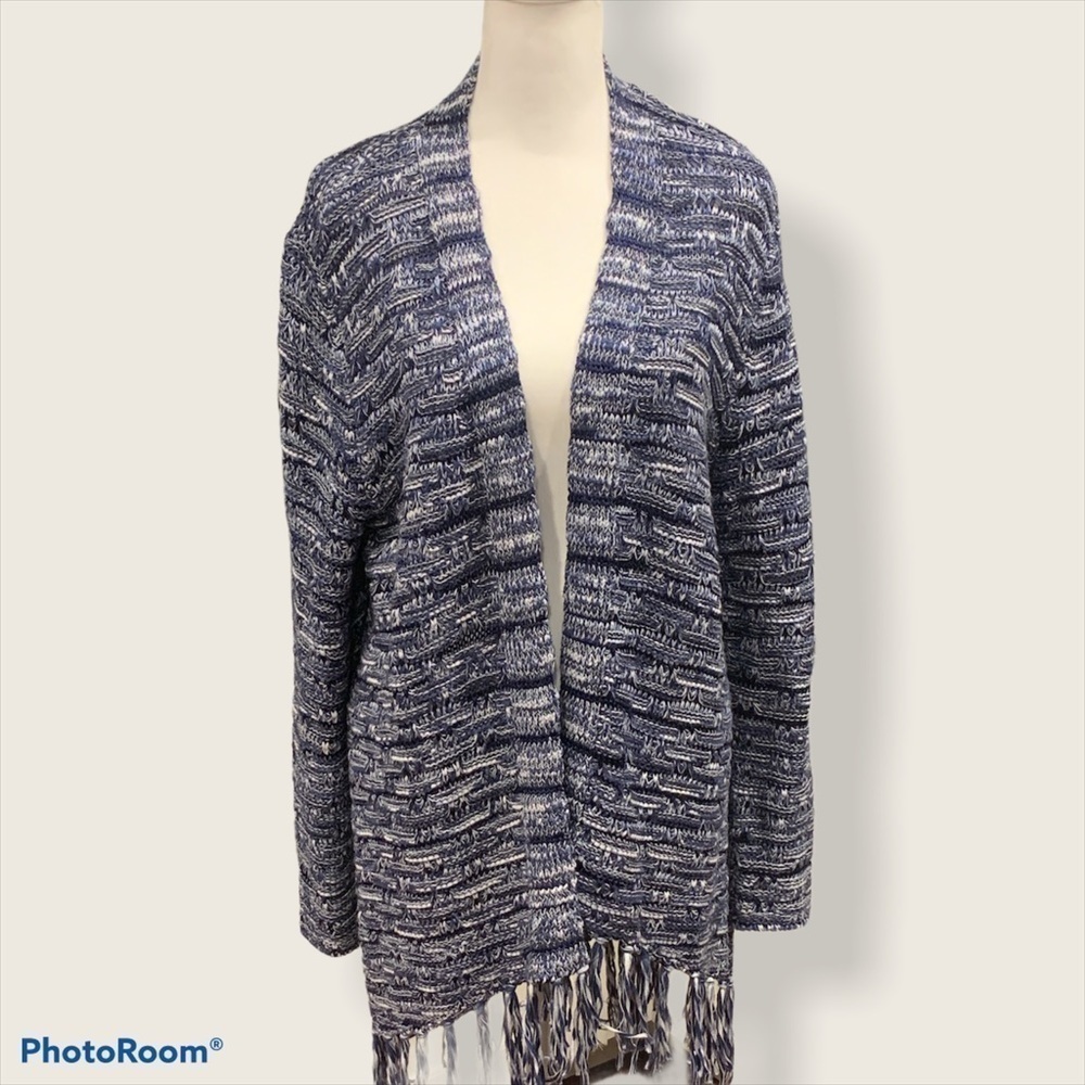Chicos Blue White Space Dye Fringe Hem Open Front Cardigan Sweater Size 2 L